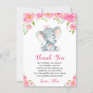 Pink Girl First Birthday Elephant Little Peanut Thank You Card