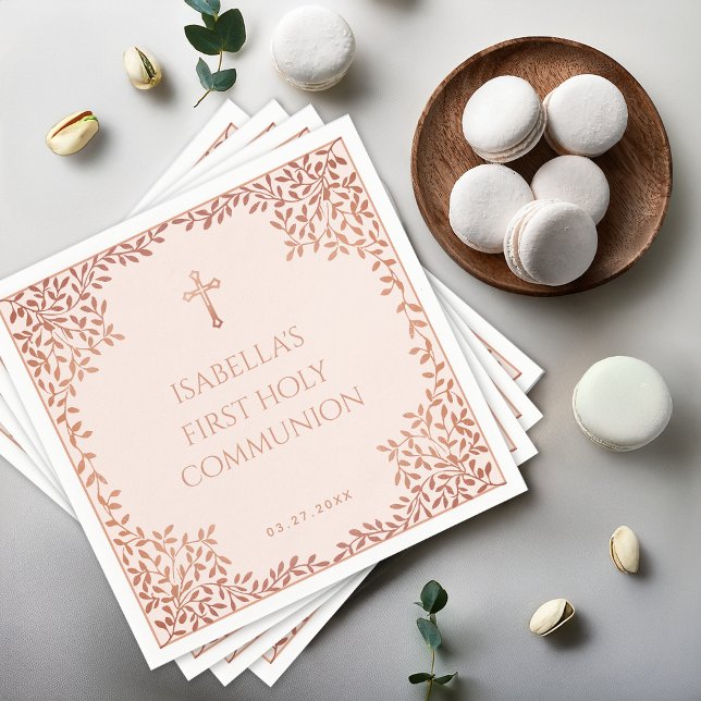 Pink Girl First Communion Rose Gold Leaves Elegant Napkin (Creator Uploaded)