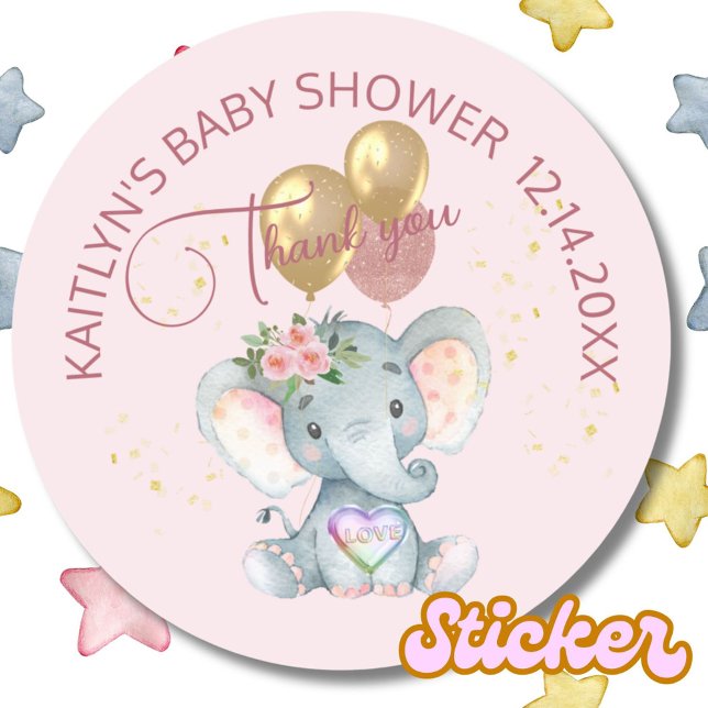 Pink Girl Floral Elephant Baby Shower Thank You  Classic Round Sticker (Creator Uploaded)