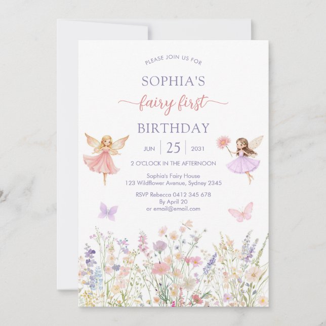 Pink Girl Floral Fairy First 1st Birthday Invitation (Front)