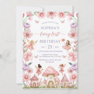 Pink Girl Floral Fairy First 1st Birthday Invitation