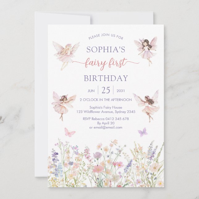 Pink Girl Floral Fairy First 1st Birthday Invitation (Front)