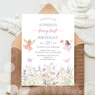 Pink Girl Floral Fairy First 1st Birthday Invitation