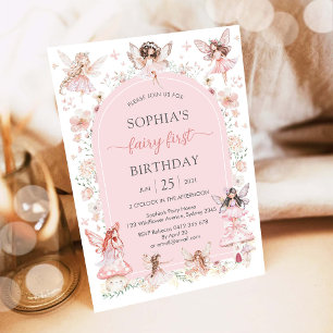 Pink Girl Floral Fairy First 1st Birthday Invitation