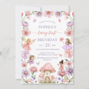 Pink Girl Floral Fairy First 1st Birthday Invitation