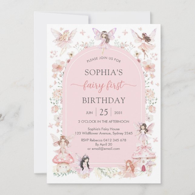 Pink Girl Floral Fairy First 1st Birthday Invitation (Front)