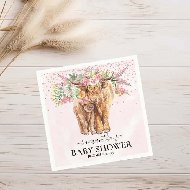 Pink Girl Floral Highland Cow Calf Baby Shower   Napkin (Creator Uploaded)
