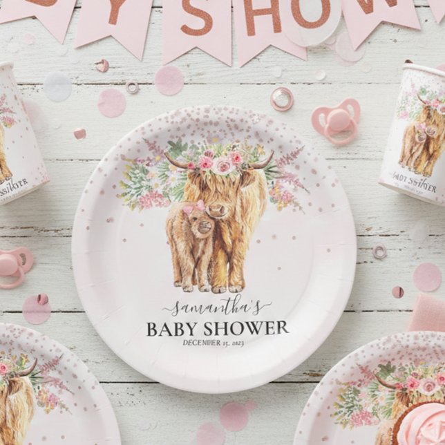 Pink Girl Floral Highland Cow Calf Baby Shower   Paper Plate (Creator Uploaded)