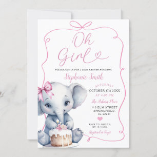 Pink Girl Handdrawn With Bow Elephant Baby Shower Invitation