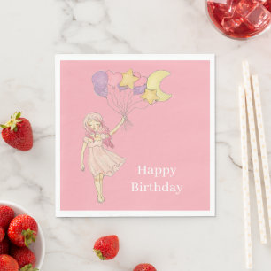 Pink Girl Heart Stars Moon Balloons Birthday Napkin