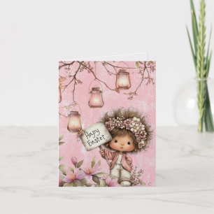Pink Girl Holding Happy Easter Sign Lanterns Flowe Note Card