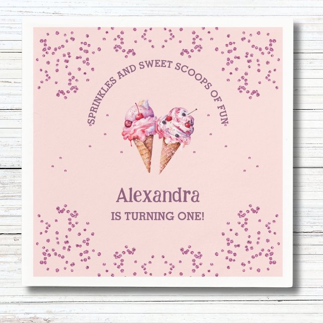 Pink Girl Ice Cream 1st Birthday Party Napkin (Creator Uploaded)