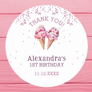 Pink Girl Ice Cream 1st Birthday Thank You Classic Round Sticker