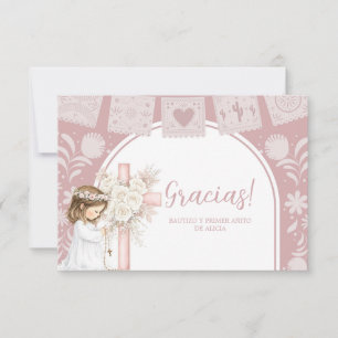 Pink Girl Kneeling Primera Comunion Thank You Card