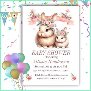Pink Girl Mummy And Baby Bunny Baby Shower Invitation