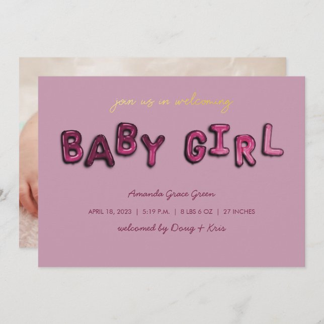 Pink Girl Mylar Balloon Baby Announcement (Front/Back)