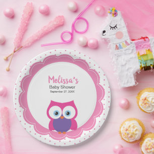 Pink Girl Owl Charming Cute Expressive Eyes Paper Plate