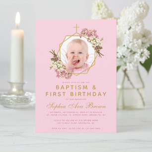 Pink  Girl Photo Baptism First Birthday Orchids Invitation