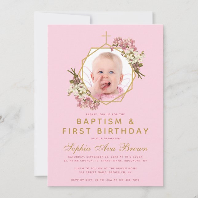 Pink  Girl Photo Baptism First Birthday Orchids Invitation (Front)