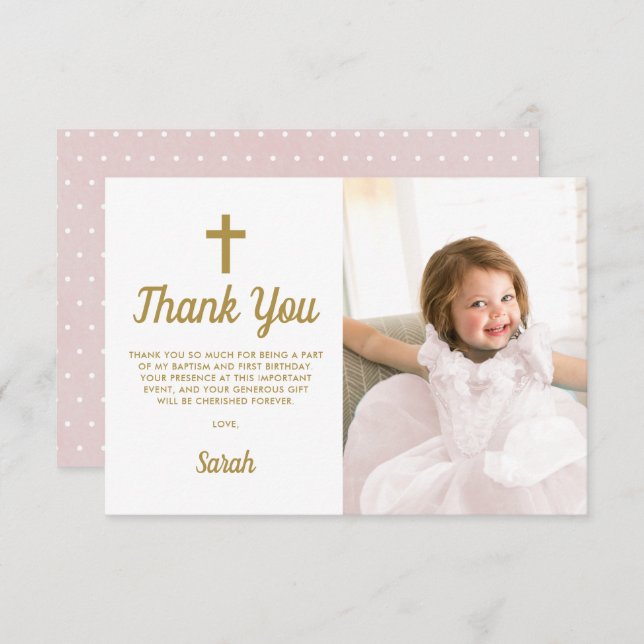 Pink Girl Photo First Birthday Baptism Thank You Card (Front/Back)