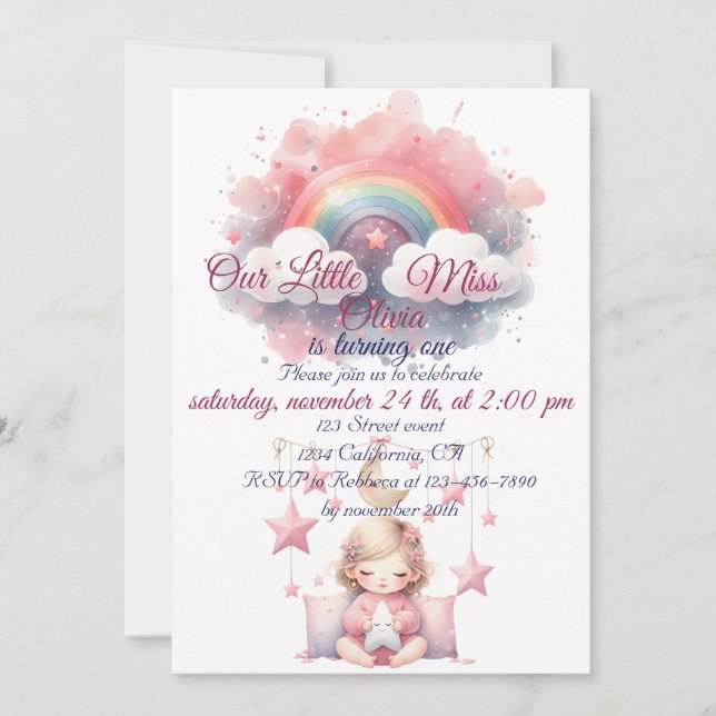 Pink Girl Rainbow Star Birthday Invitation (Front)