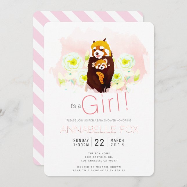 Pink Girl 'Red Panda' Baby Shower Invitation Card (Front/Back)