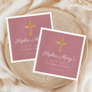 Pink Girl Religious Cross First Communion Napkin