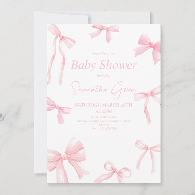 Pink Girl Ribbon Minimalist Baby Shower Invitation (Front)