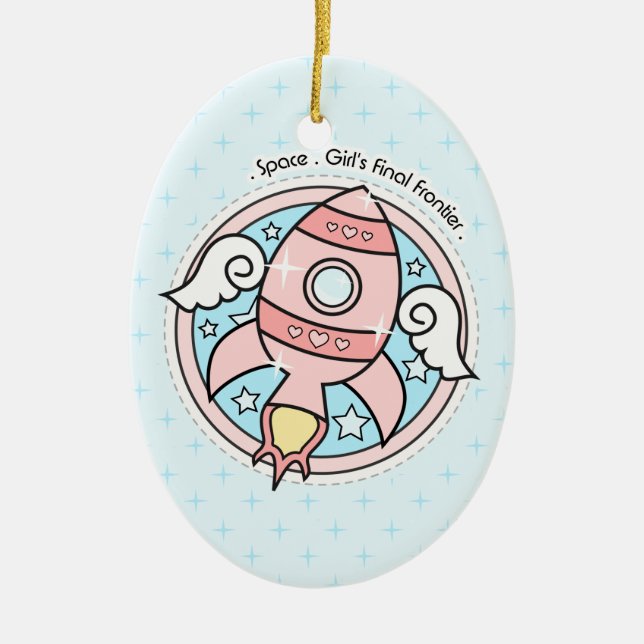 Pink Girl Rocketship Ceramic Ornament (Front)