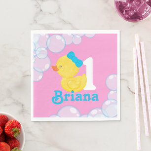 Pink Girl Rubber Duck Personalized Birthday Napkin