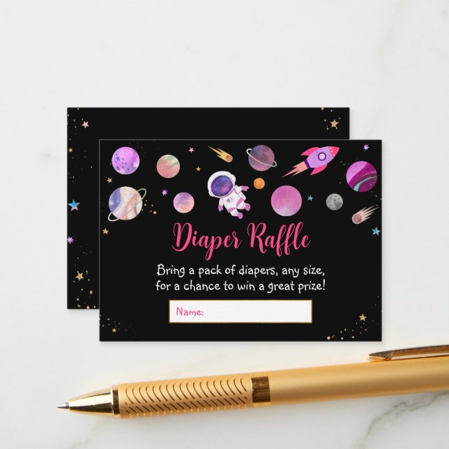 Pink Girl Space Baby Shower Diaper Raffle Enclosure Card (Front/Back In Situ)