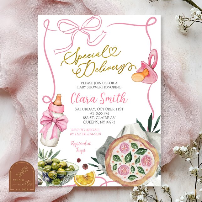 Pink Girl Special Delivery Italian Baby Shower Invitation (Creator Uploaded)
