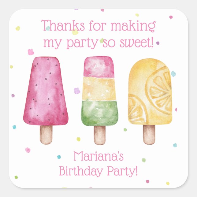 Pink Girl Summer Popsicle Birthday Favours Square Sticker (Front)