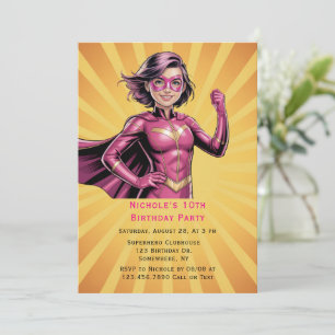 Pink Girl Superhero Birthday Party  Invitation