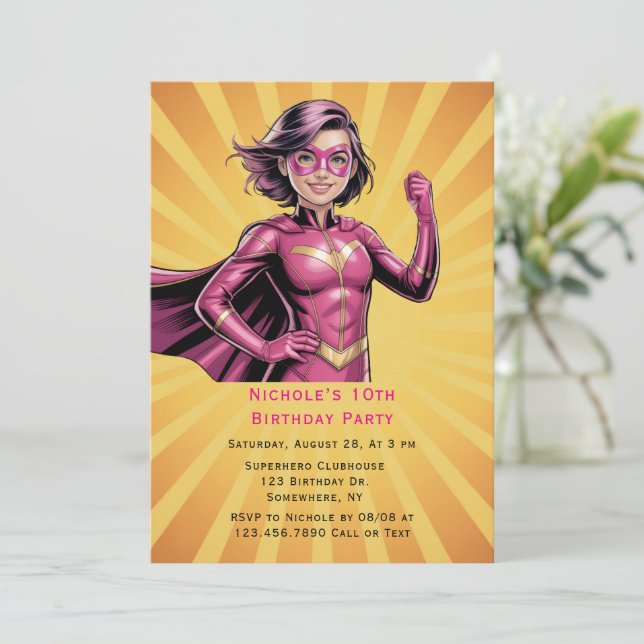 Pink Girl Superhero Birthday Party  Invitation (Standing Front)