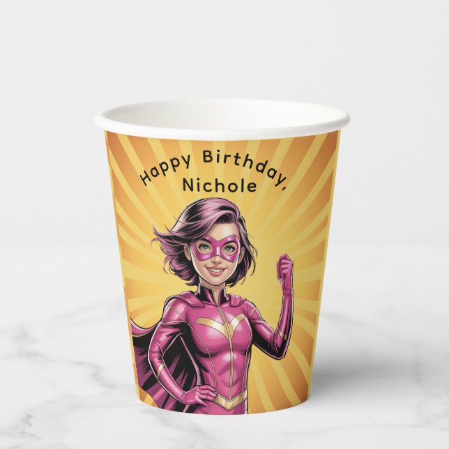 Pink Girl Superhero Birthday Party Paper Cups (Front)