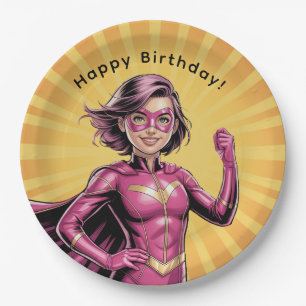 Pink Girl Superhero Birthday Party Paper Plate