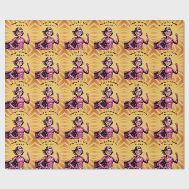 Pink Girl Superhero Birthday Party  Wrapping Paper (Flat)