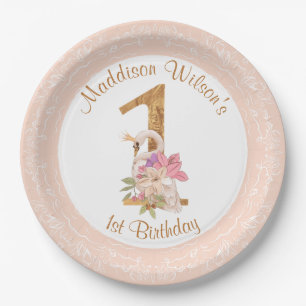 Pink Girl Swan 1st Birthday Paper Plate