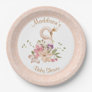 Pink Girl Swan Birthday Baby Shower Paper Plate