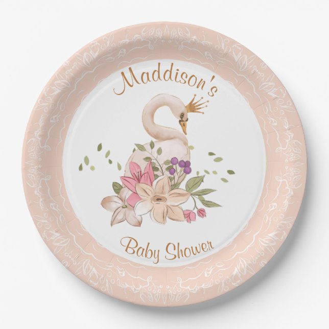 Pink Girl Swan Birthday Baby Shower Paper Plate (Front)