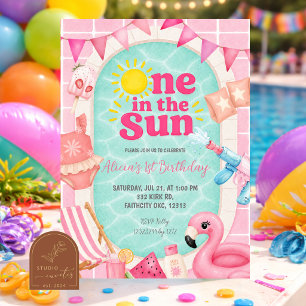 Pink Girl Swimming Pool One in the Sun Birthday Invitation