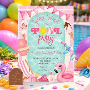 Pink Girl Swimming Pool party Invitation