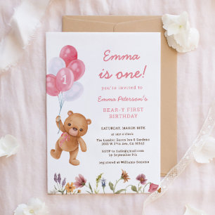 Pink Girl Teddy Bear 1st Birthday Invitation