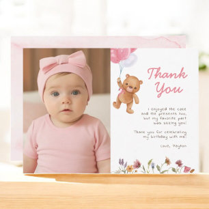 Pink Girl Teddy Bear 1st Birthday Thank You Card