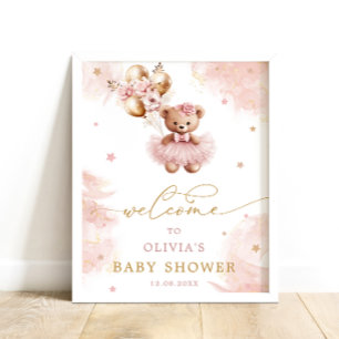 Pink Girl Teddy Bear Baby Shower Welcome Poster