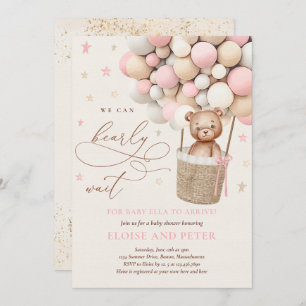 Pink Girl Teddy Bear Balloon Baby Shower  Invitation