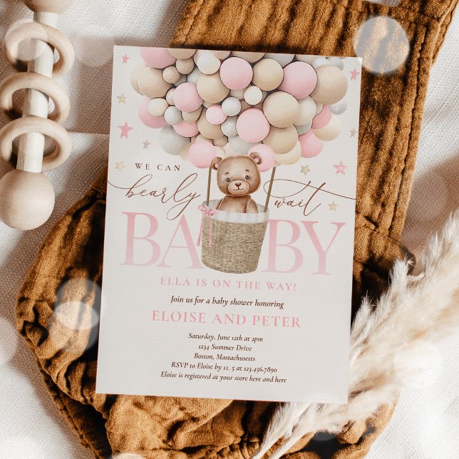 Pink Girl Teddy Bear Balloon Baby Shower Invitation (Creator Uploaded)