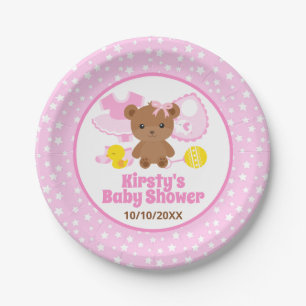 Pink Girl Teddy Bear Clothes Baby Shower Paper Plate