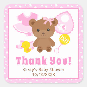 Pink Girl Teddy Bear Clothes Baby Shower Square Sticker